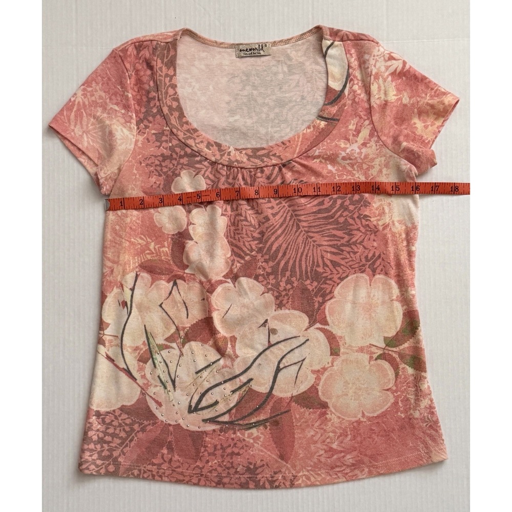 Vintage Y2K Oneworld Peach Coral Floral Rhinestone Scoop Neck Top Women's Small - Picture 4 of 7